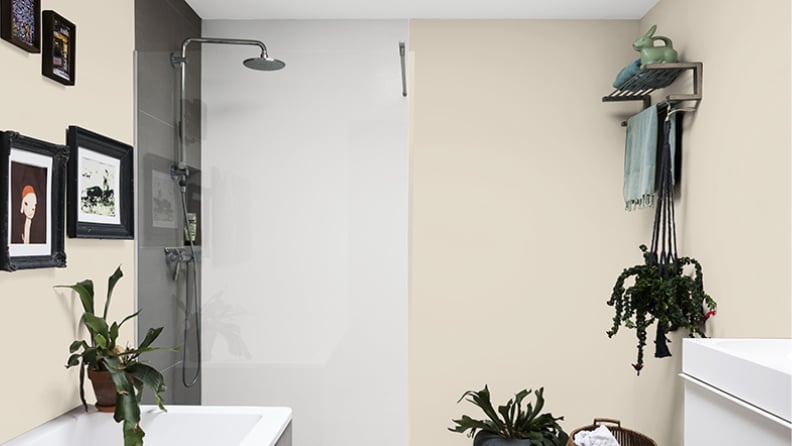 White bathroom with grey trim 