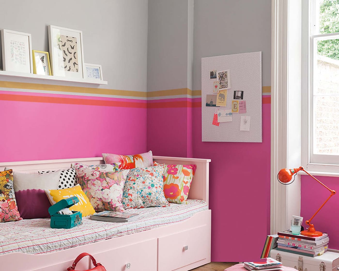 Paint a stripe in the corner of your kid’s bedroom to create a reading nook