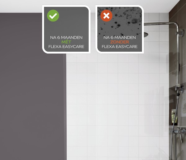 Badkamer met grijze muurverf en voorbeelden muur met en zonder Flexa Easycare