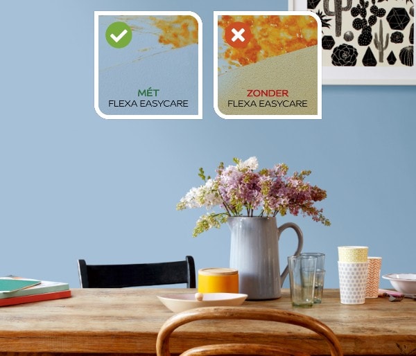 Huiskamer met blauwe muur en voorbeelden muur met en zonder Flexa Easycare