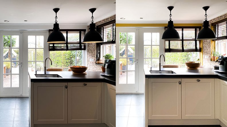 Voor en na foto’s van de keuken die van wit naar geel geverfd is. 
