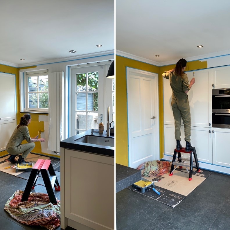 De keuken van blogger Andrea de Groot wordt geverfd in een gele kleur