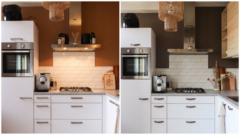 Één kant van de keuken met de voorsituatie met Spiced Honey en de na situatie van het resultaat met de donkerbruine kleur Sweet Umber