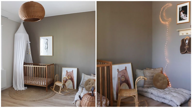 De stoere donkergroene babykamer gecombineerd met rotan en een zandkleur. 