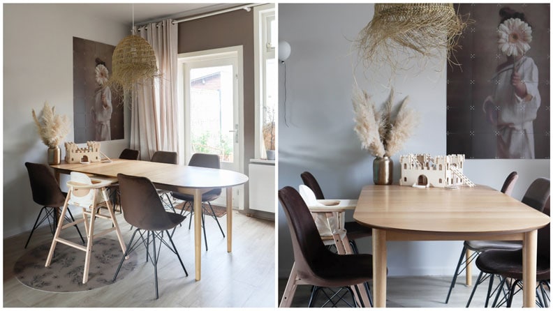 Onze Scandiboho benedenverdieping in het kleurenpalet van het Kleur van het Jaar 2021 samen met onze eetkamer in aardse kleuren.  
