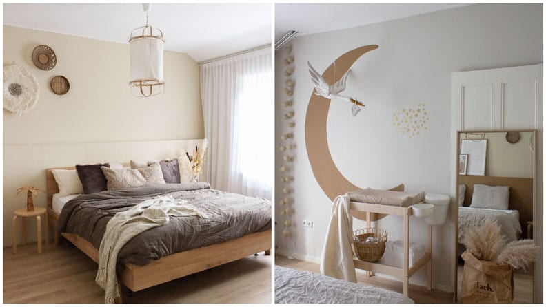 Beide kanten van onze Scandiboho slaapkamer met een maan als detail geverfd in Spiced Honey bij de commode. 