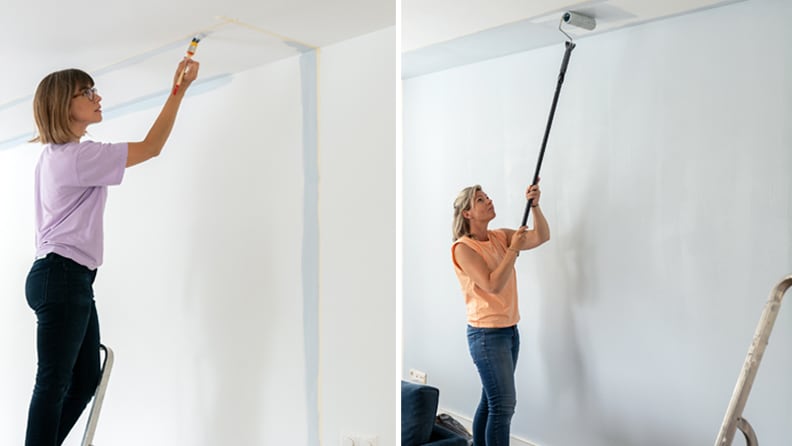 Blogger Marij en bewoner Marjan zijn kleurvlakken op de muur aan het schilderen.