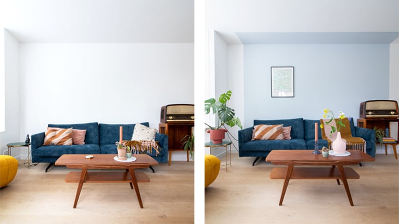 Een kleurvlak in de kleur Vleugje Marmer op de muur van de zithoek.