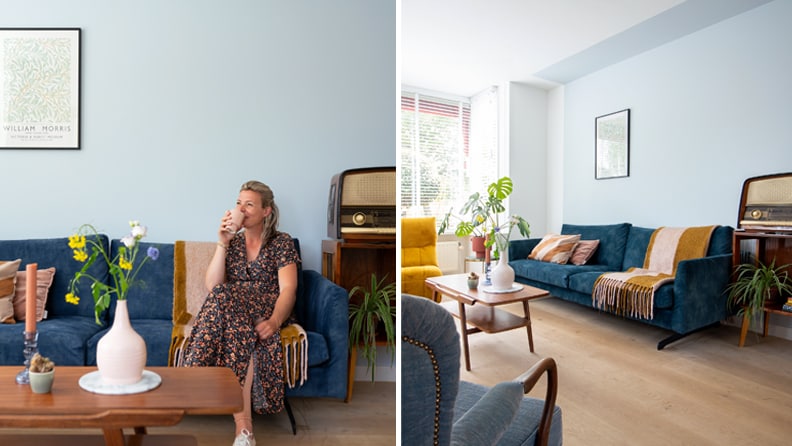 Een kleurvlak in de kleur Vleugje Marmer op de muur van de zithoek.