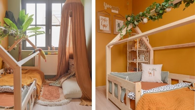Kinderkamer met oker geel Binti Nomad op de wand