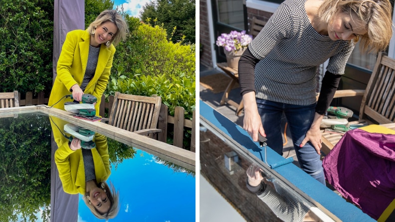 Schuren en schilderen van de spiegellijst in dezelfde kleur blauw als de muren