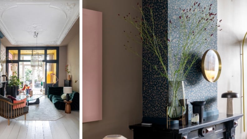 Woonkamer en schouw met Flexa Kleur van het Jaar 2021, mostergeel en zachtroze