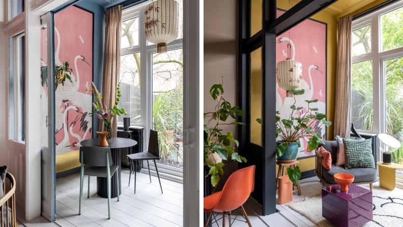 Serre voor en na met roze en mostergele muur