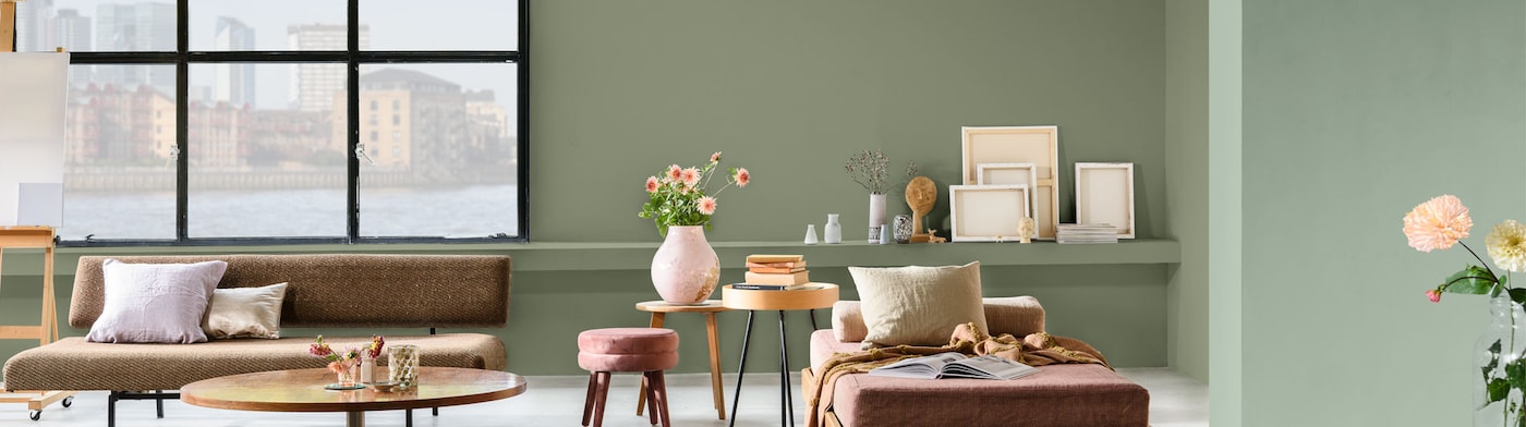 groene woonkamer met de Tranquil Dawn, Early Dew en Sturdy Leaf