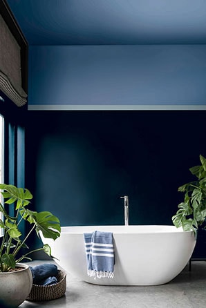 een hotel chique badkamer met licht- en donkerblauwe muren