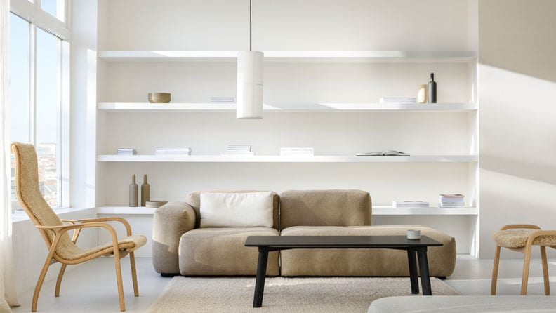 Minimalistische, japandi woonkamer met rustige kleuren