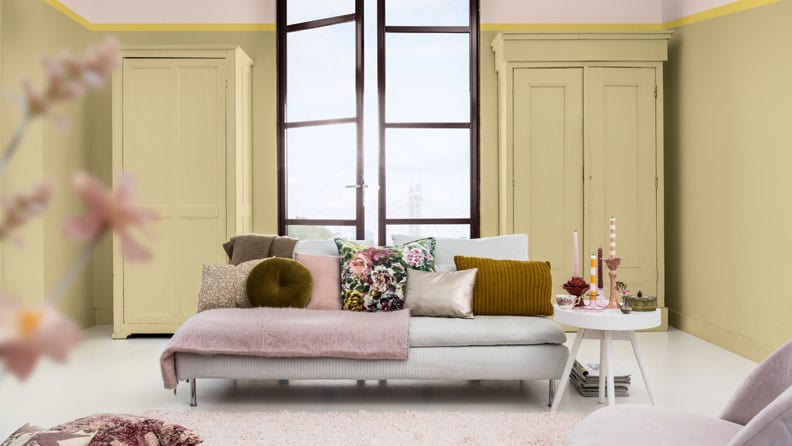 romantische woonkamer met de kleuren The Greenhouse 5, Buzz Colour 5 en Buzz Colour 9