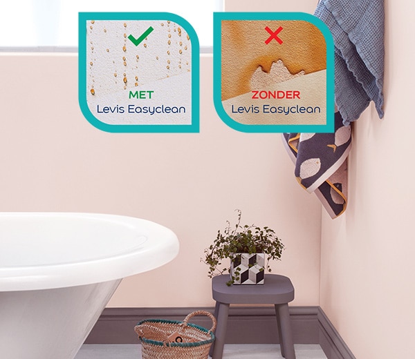 Badkamer met lichte muurverf en voorbeelden muur met en zonder Levis Easyclean