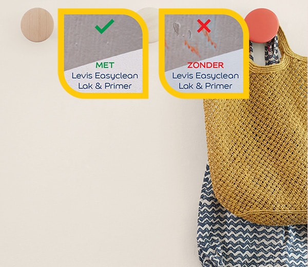 Tasje met witte muur en voorbeelden muur met en zonder Levis Lak & Primer 2 in 1