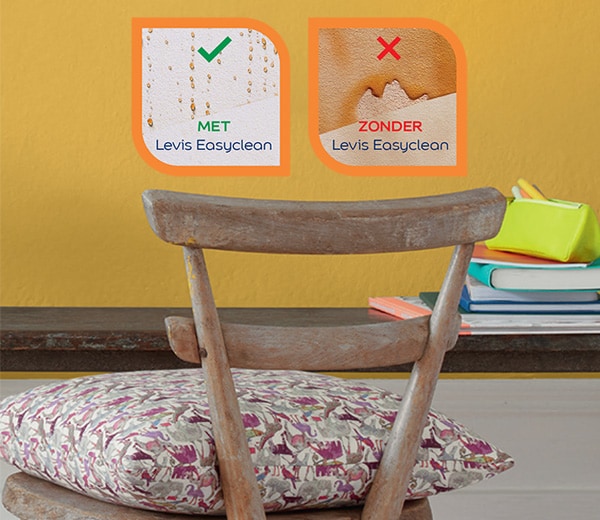 Huiskamer met gele muur en voorbeelden muur met en zonder Levis Easyclean