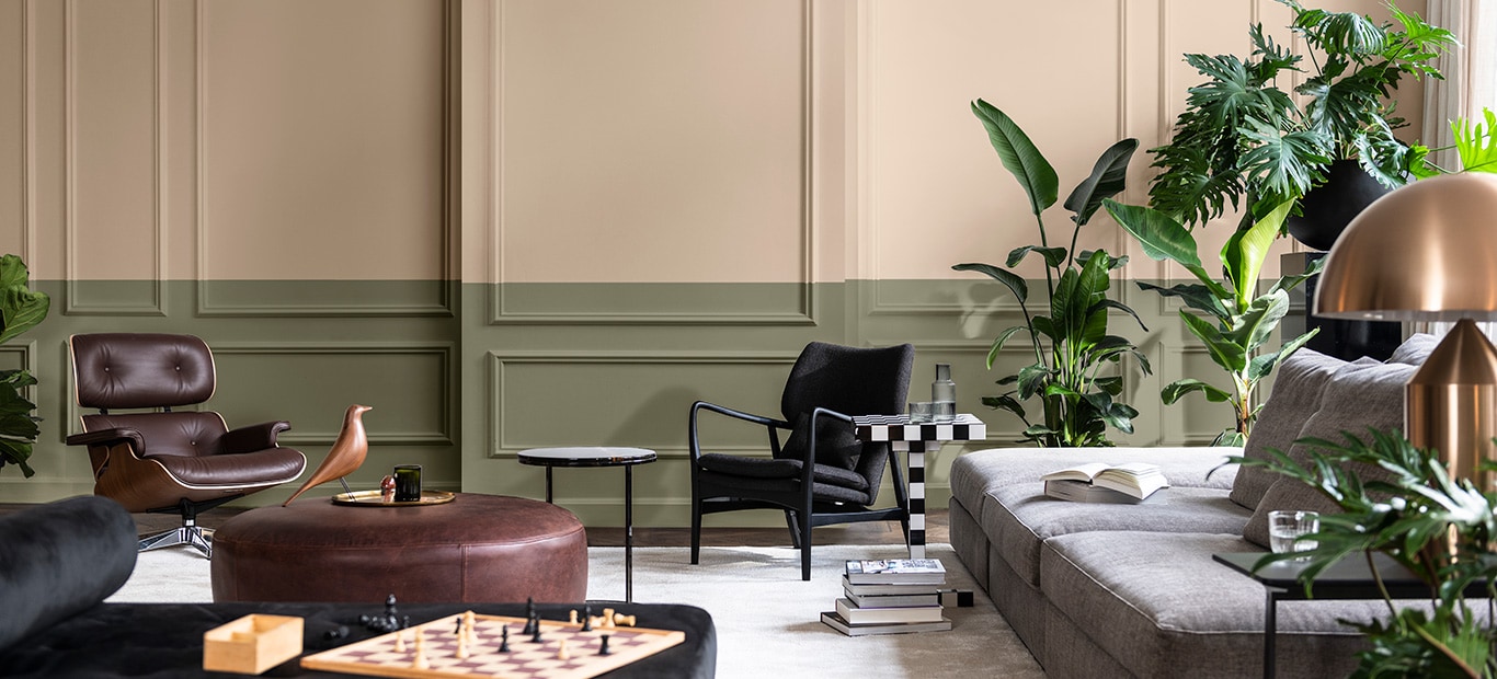 Woonkamer in zachtroze en groen