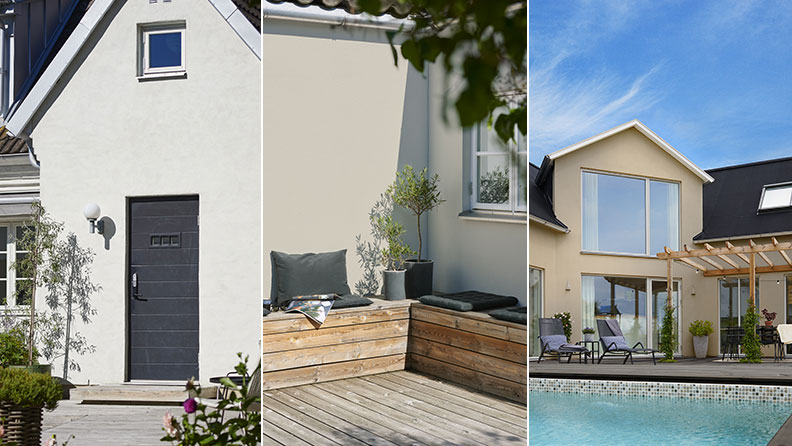 Putsfasader i kulörerna Nordsjö white, Grey slate, Fine clay