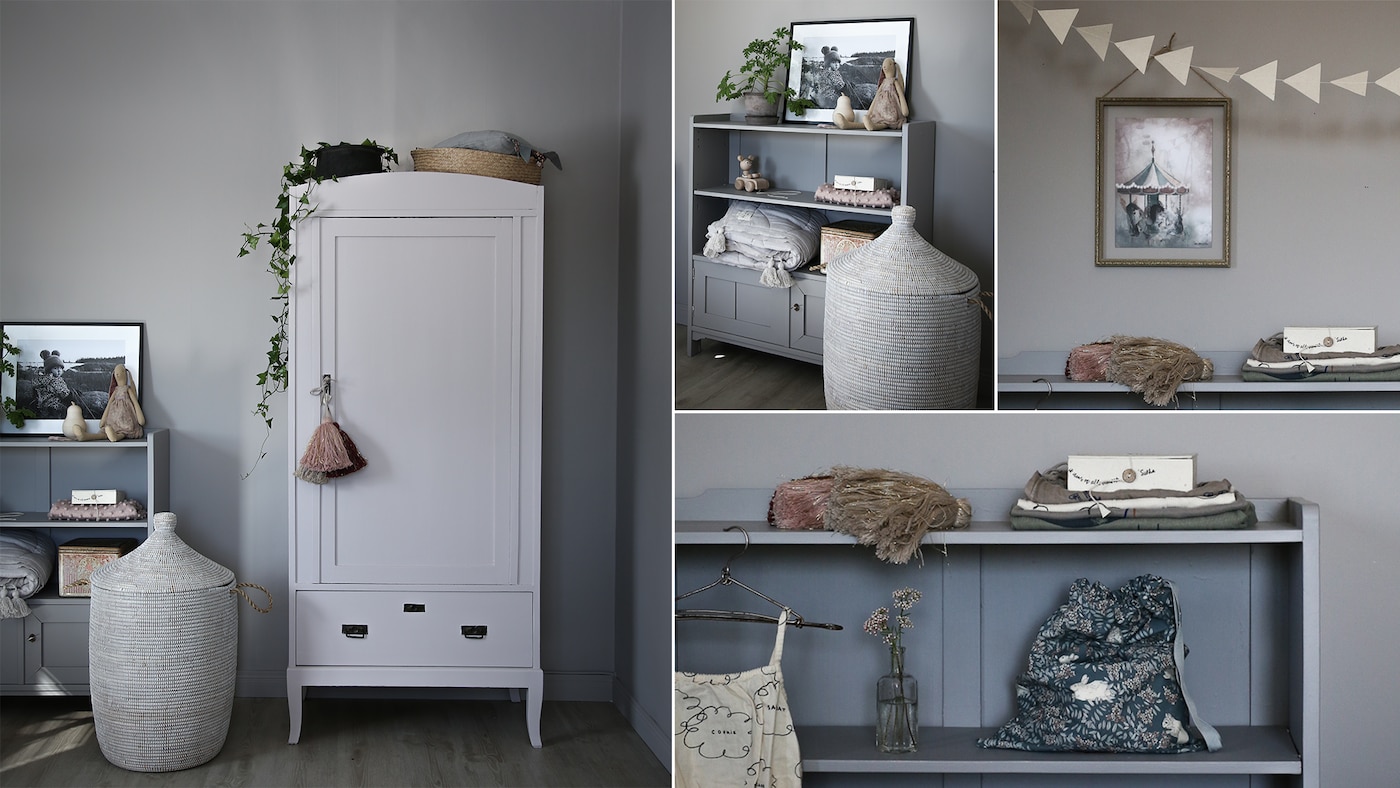 Barneroms inspirasjon og grå farge på veggen