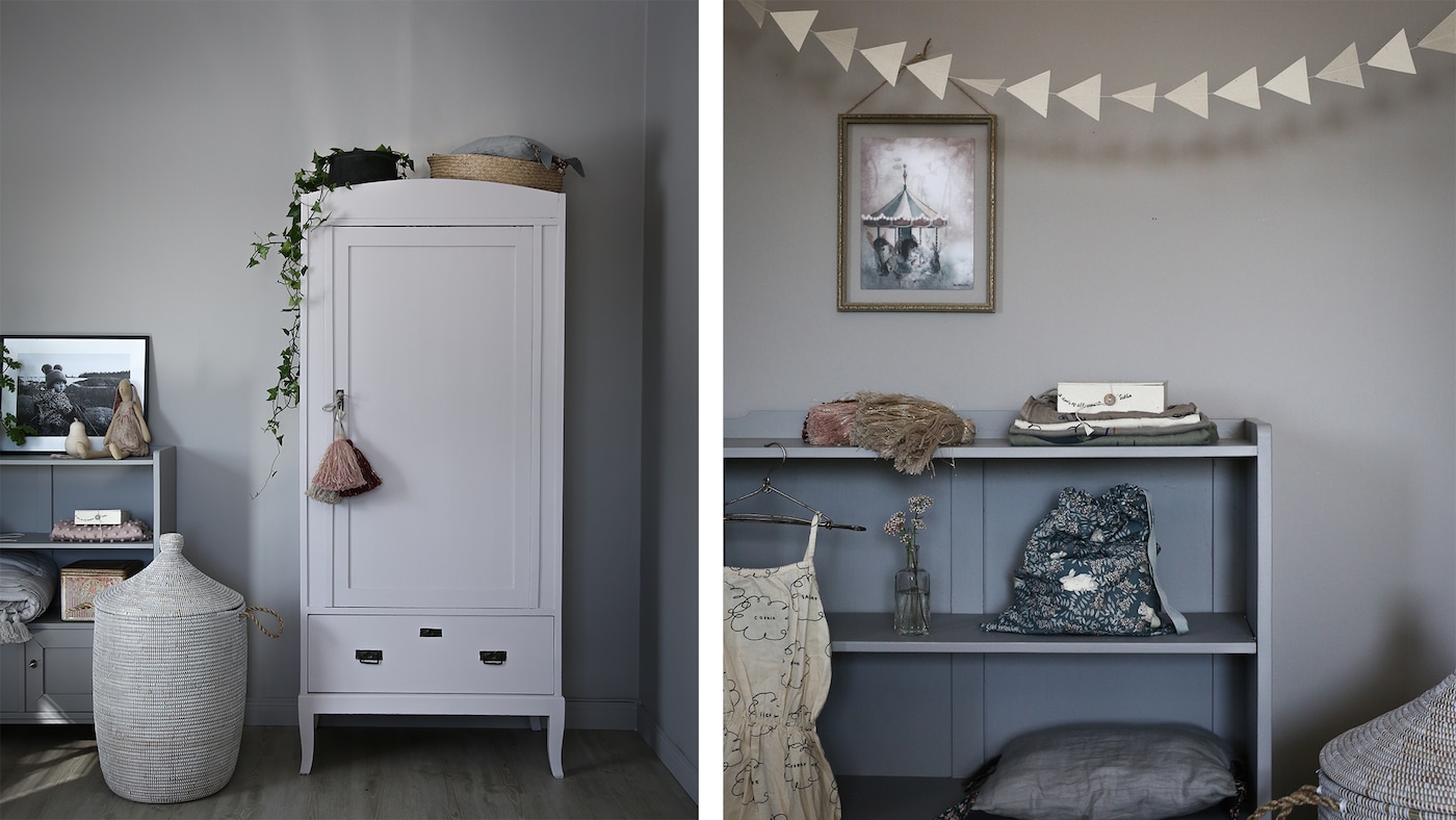 Barneroms inspirasjon og grå farge på veggen