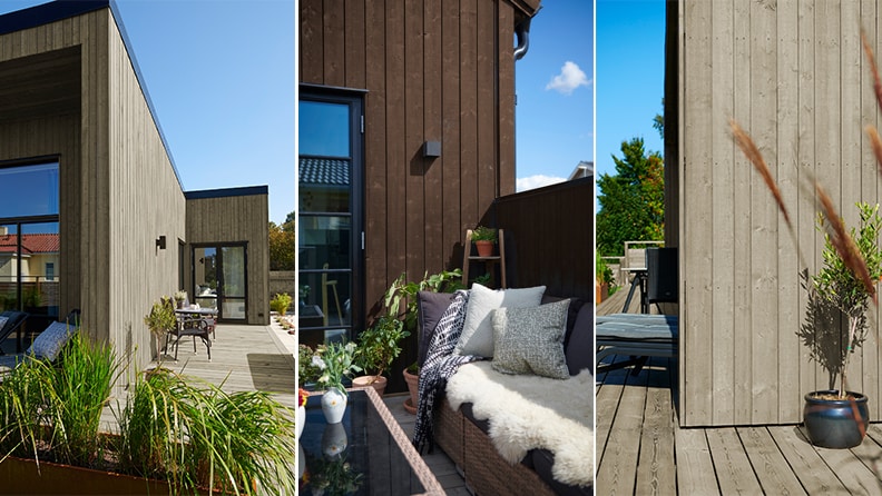 Beis huset ditt i lyse sand farger og gråbrune fargetoner