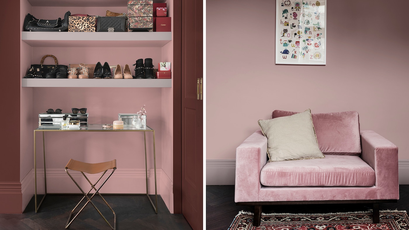 Mal veggen i nisjen i en rosa farge