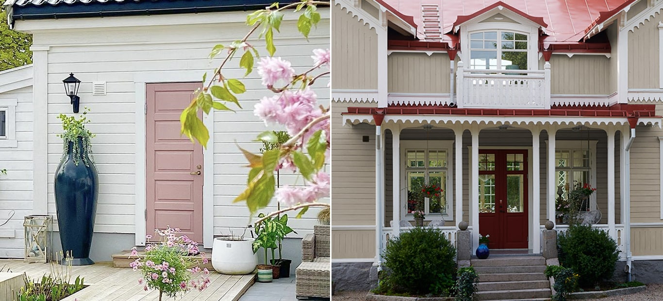 Inngangsdøren er malt i lys grå