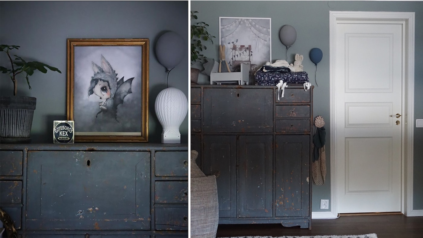 Barneroms inspirasjon og grå farge på veggen og gamle møbler