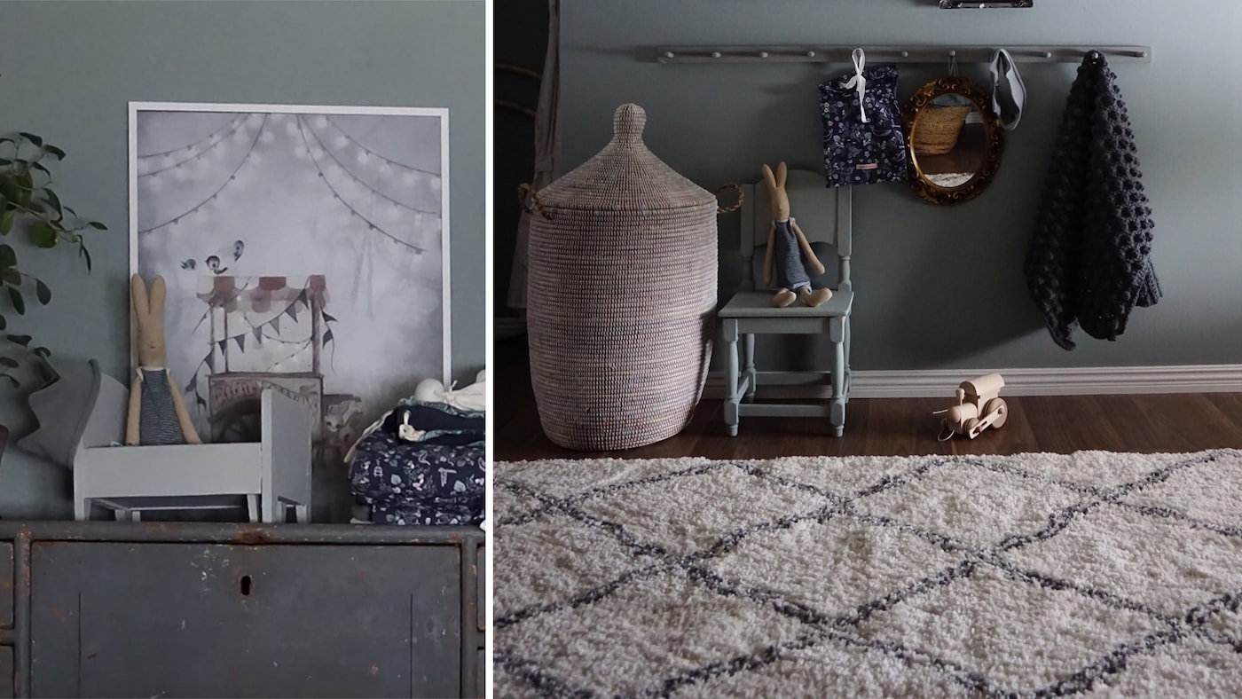 barneroms inspirasjon og grå farge på veggen og gamle møbler