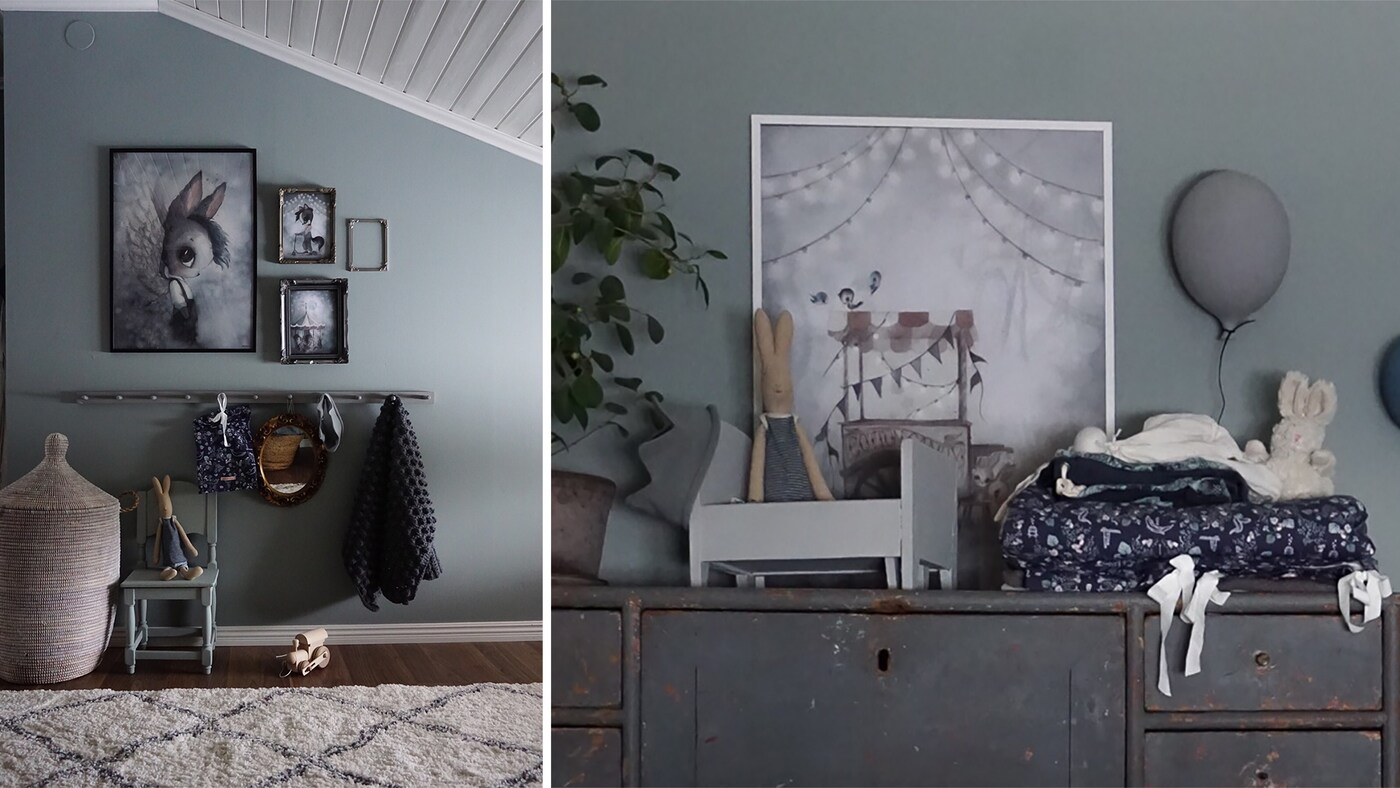 Barneroms inspirasjon og grå farge på veggen og gamle møbler