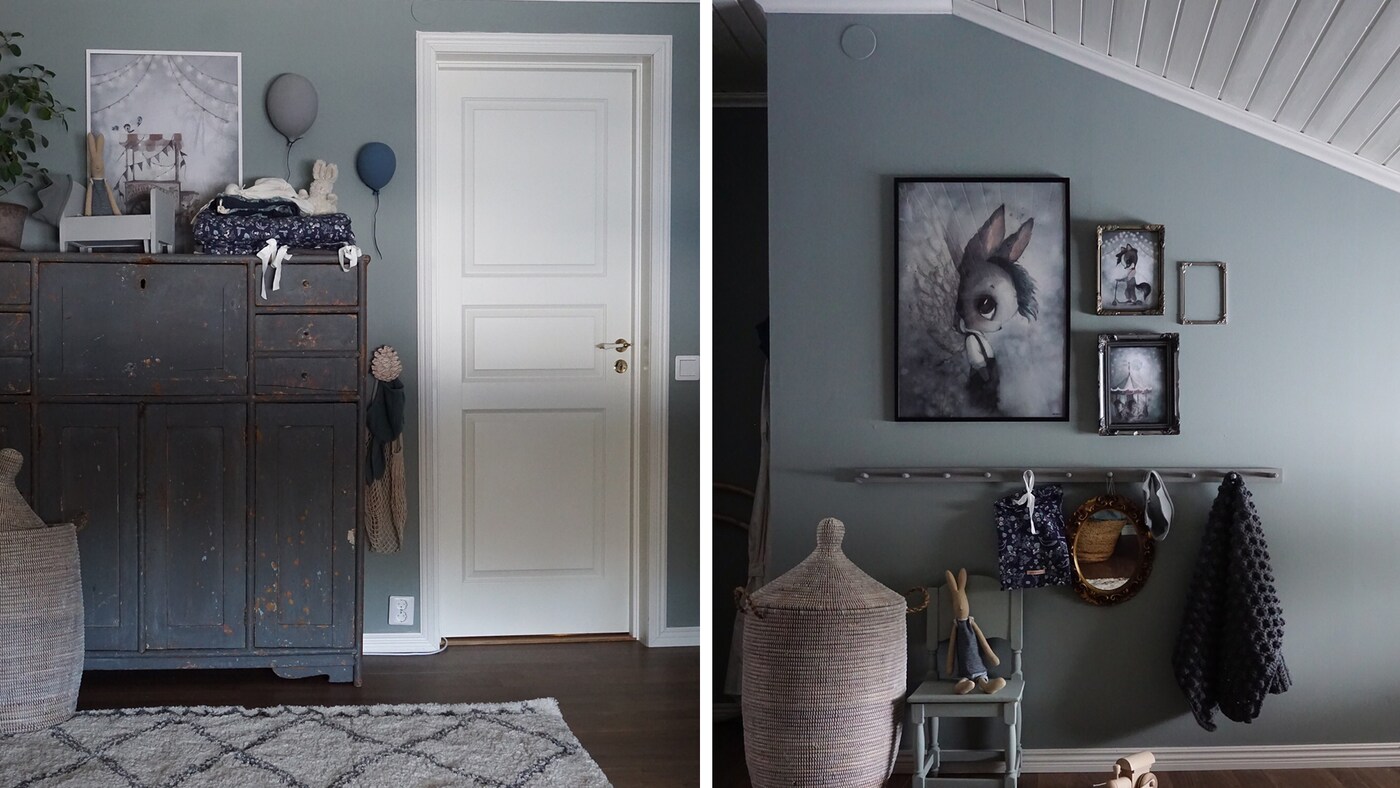 barneroms inspirasjon og grå farge på veggen og gamle møbler