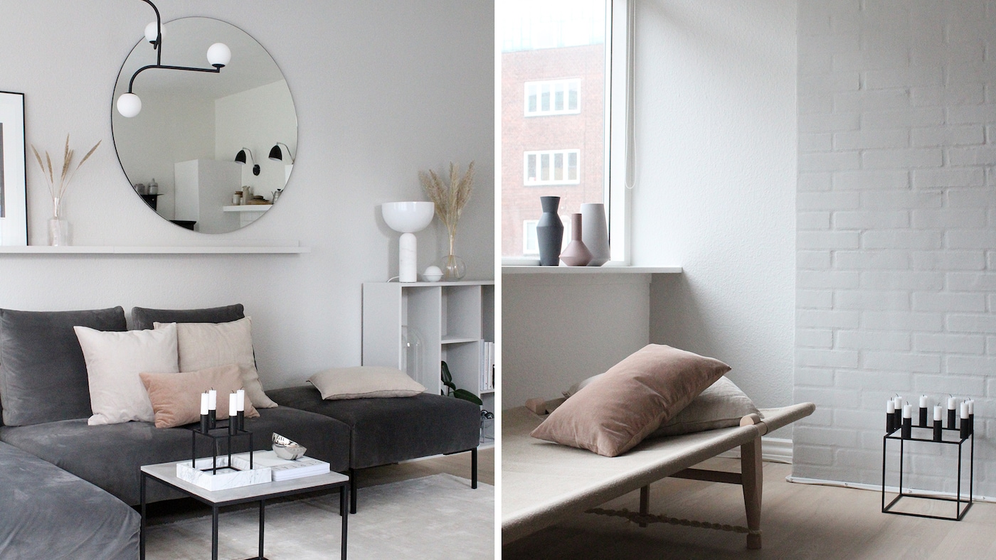 Varm grå farge på stueveggen hos Carla Sofie Molge