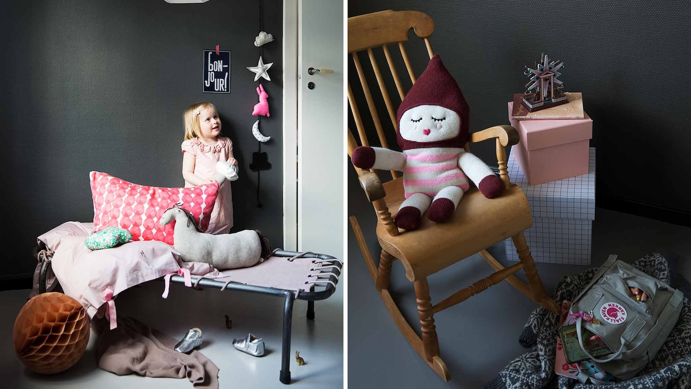 Barnerom malt i mørke gråbrune vegger og grått gulv