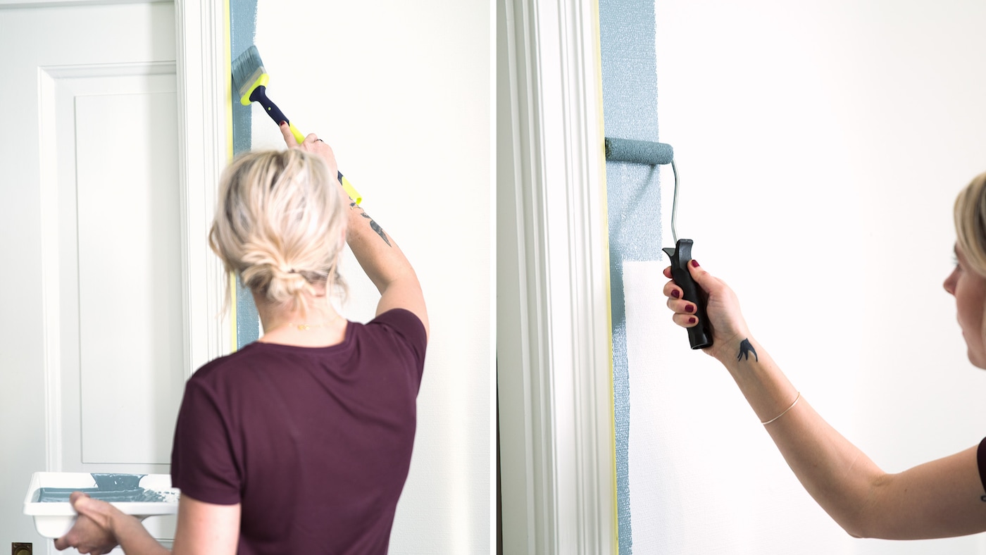 Når du skal male veggen: mal med liten pensel først og deretter liten rulle langs dørkarmer og lister