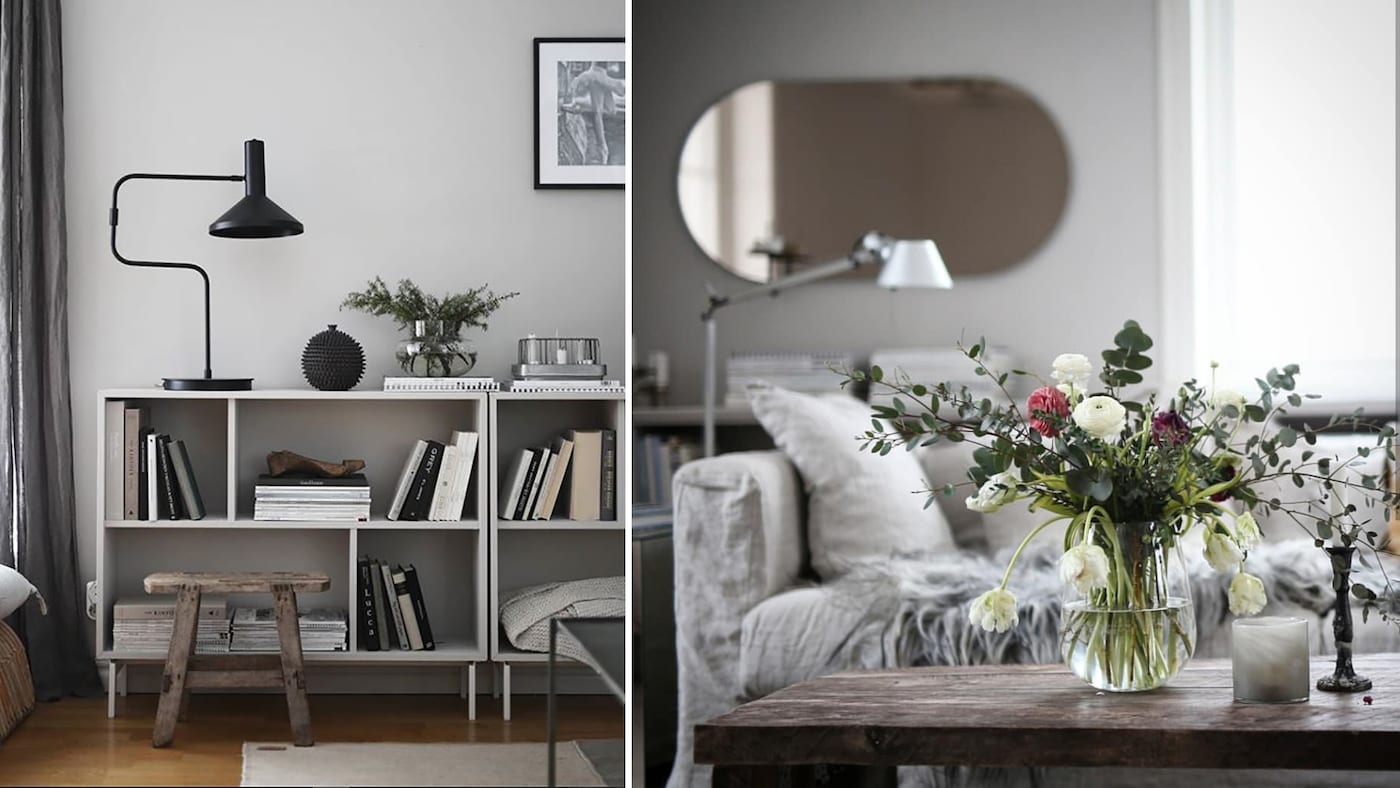 Bokhylle og blomster