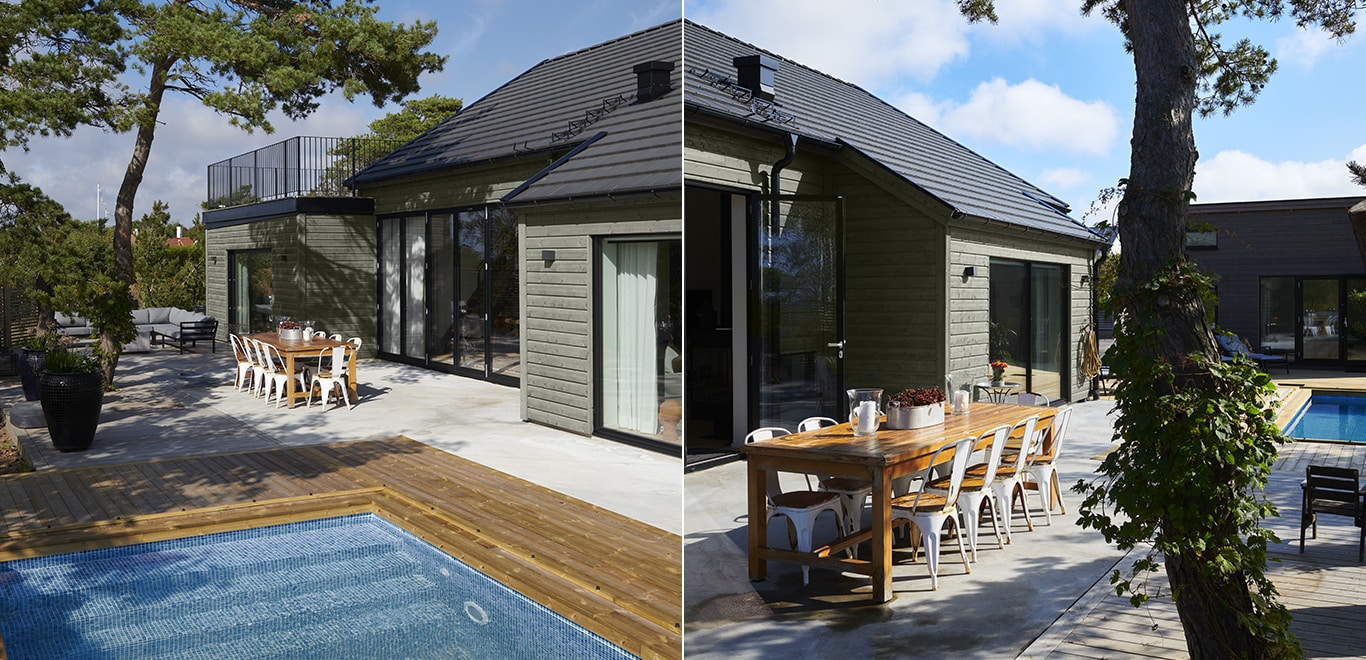 Fargen Scandinavian Graphite Grey beiset med eksteriørbeisen One Transparent gir en nøytral gråfarge som passer godt inn med treterrasser og detaljer i sort