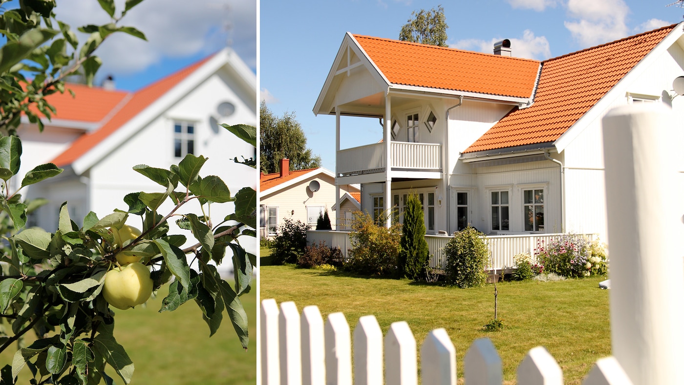 Fasad målad i kulören Nordsjö modest white.