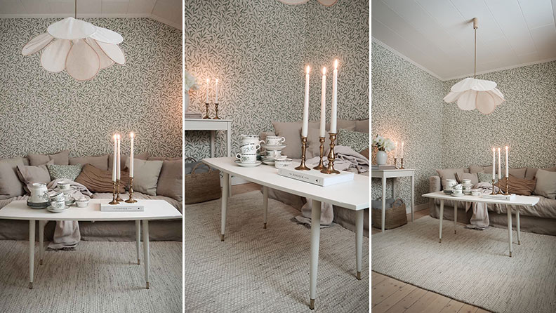 Lapptussan använder Colour Testers för att se hur en kulör på en möbel passar tapeterna