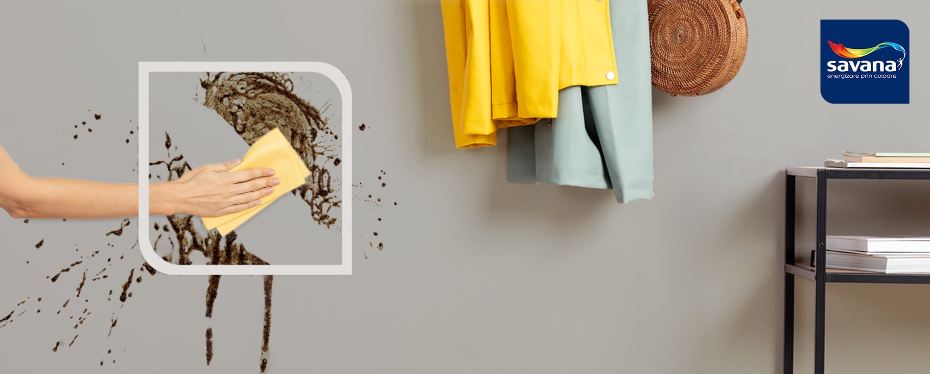 O persoană sterge un perete cu un burete, demonstrând proprietățile vopselei savana de a rezista la pătare și murdărire.
