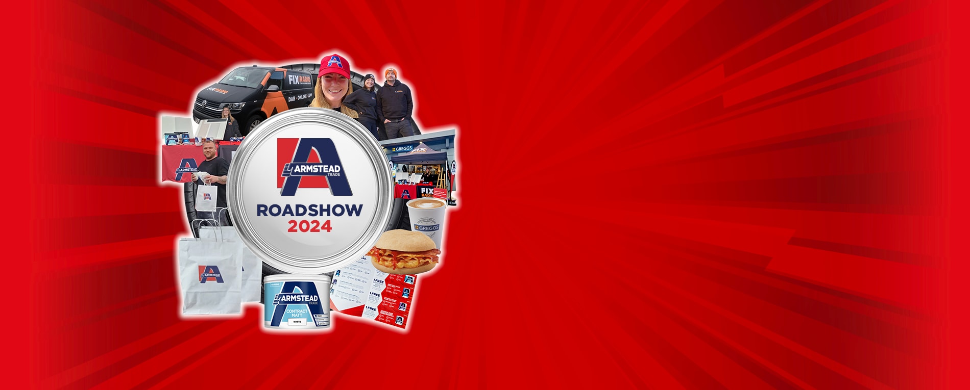 Armstead Roadshow 2024 promotional collage featuring team members, branded van, paint products, and promotional materials arranged around a central circular logo on a red radiating background.