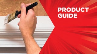 Hand holding a paintbrush applying white paint to wooden trim or molding with "Product Guide" text on a red geometric background.