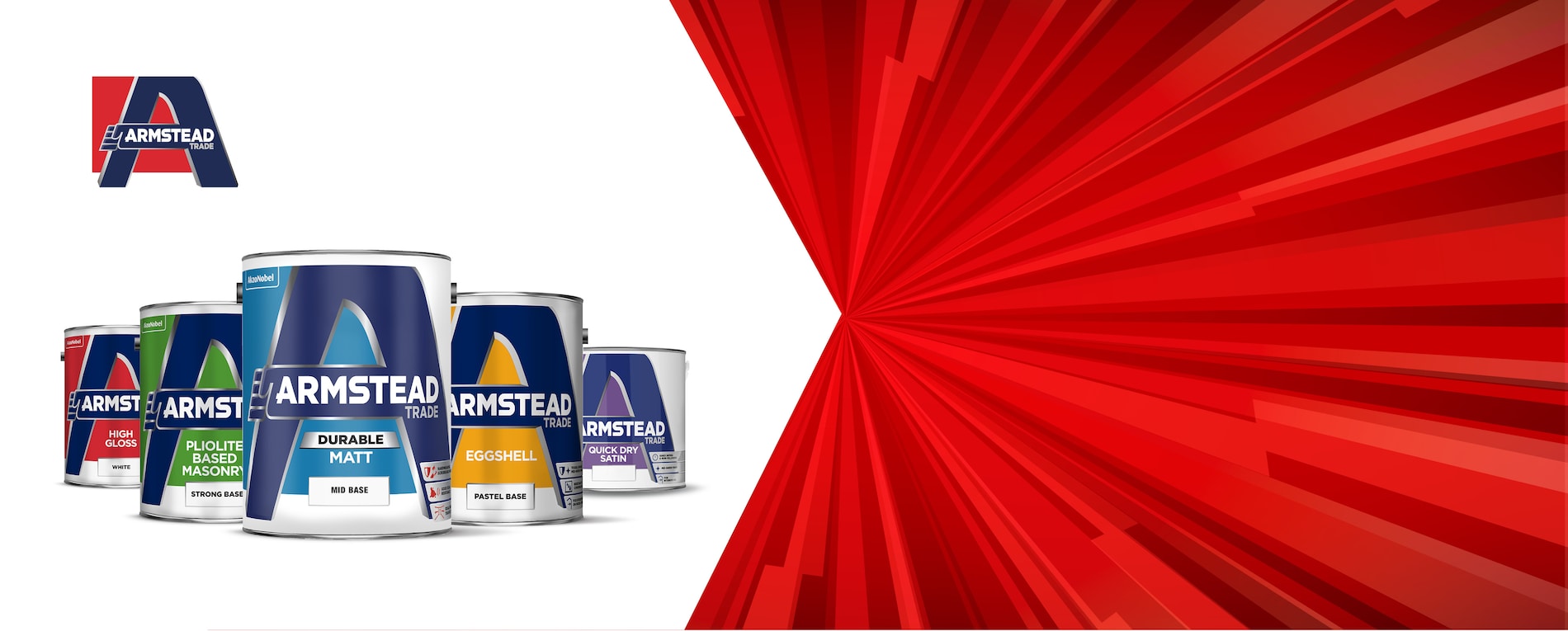 Five Armstead Trade paint cans in different finishes arranged against a red radiating background with the Armstead logo.