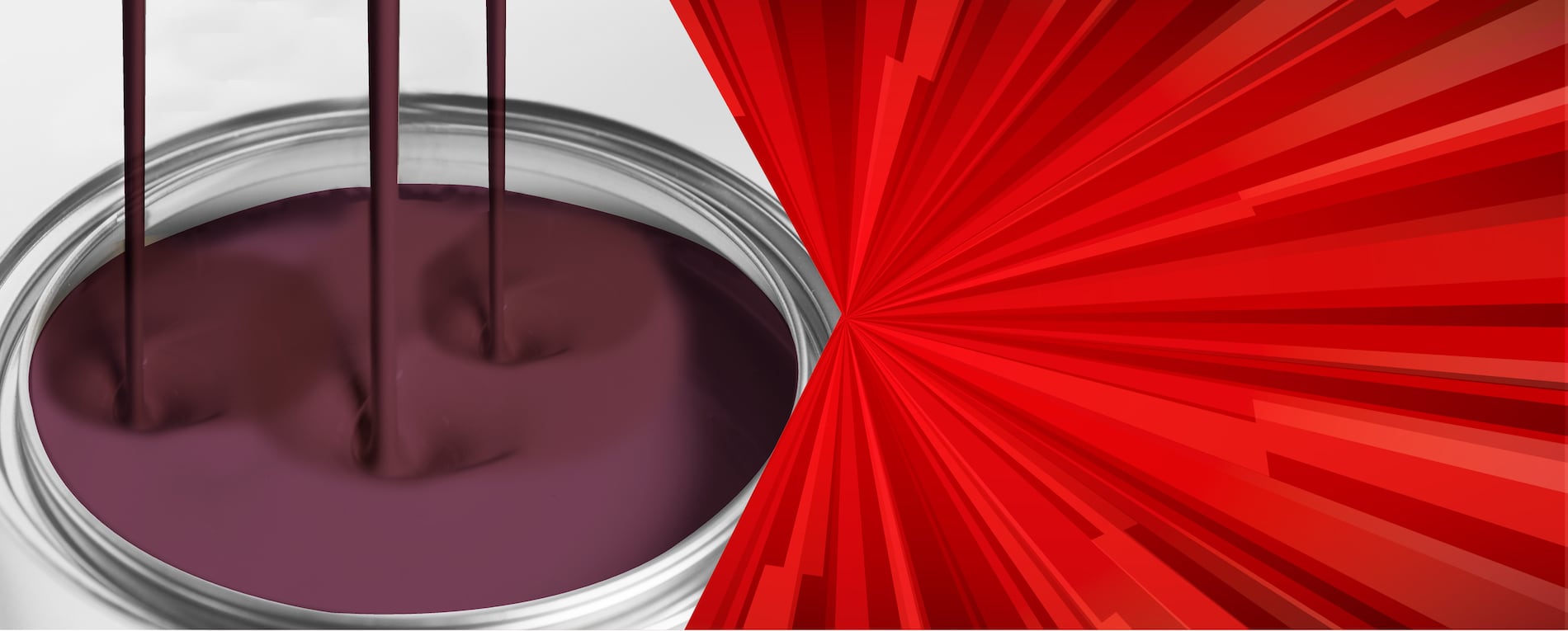 Open paint can with burgundy paint and wooden stirring sticks set against a red radiating sunburst background.