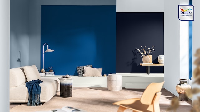Living room with walls in three different blues