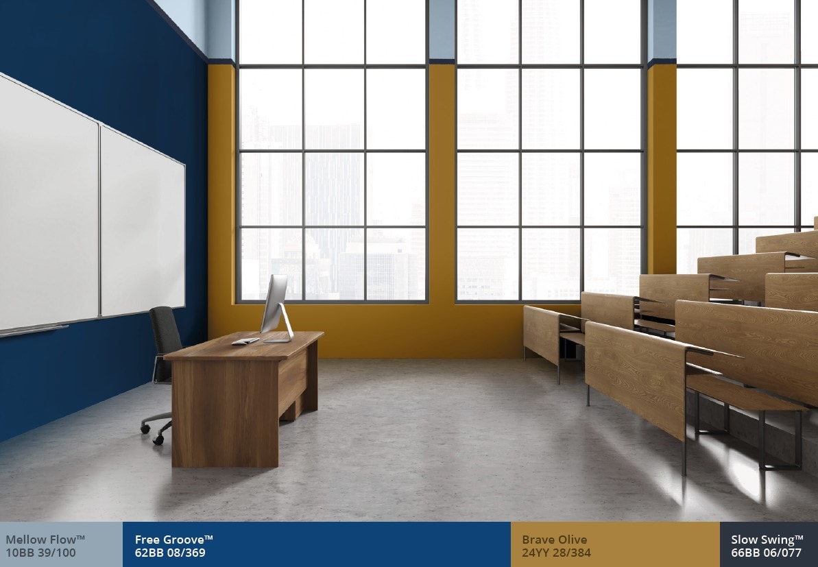 Classroom with floor to ceiling windows and split blue wall 