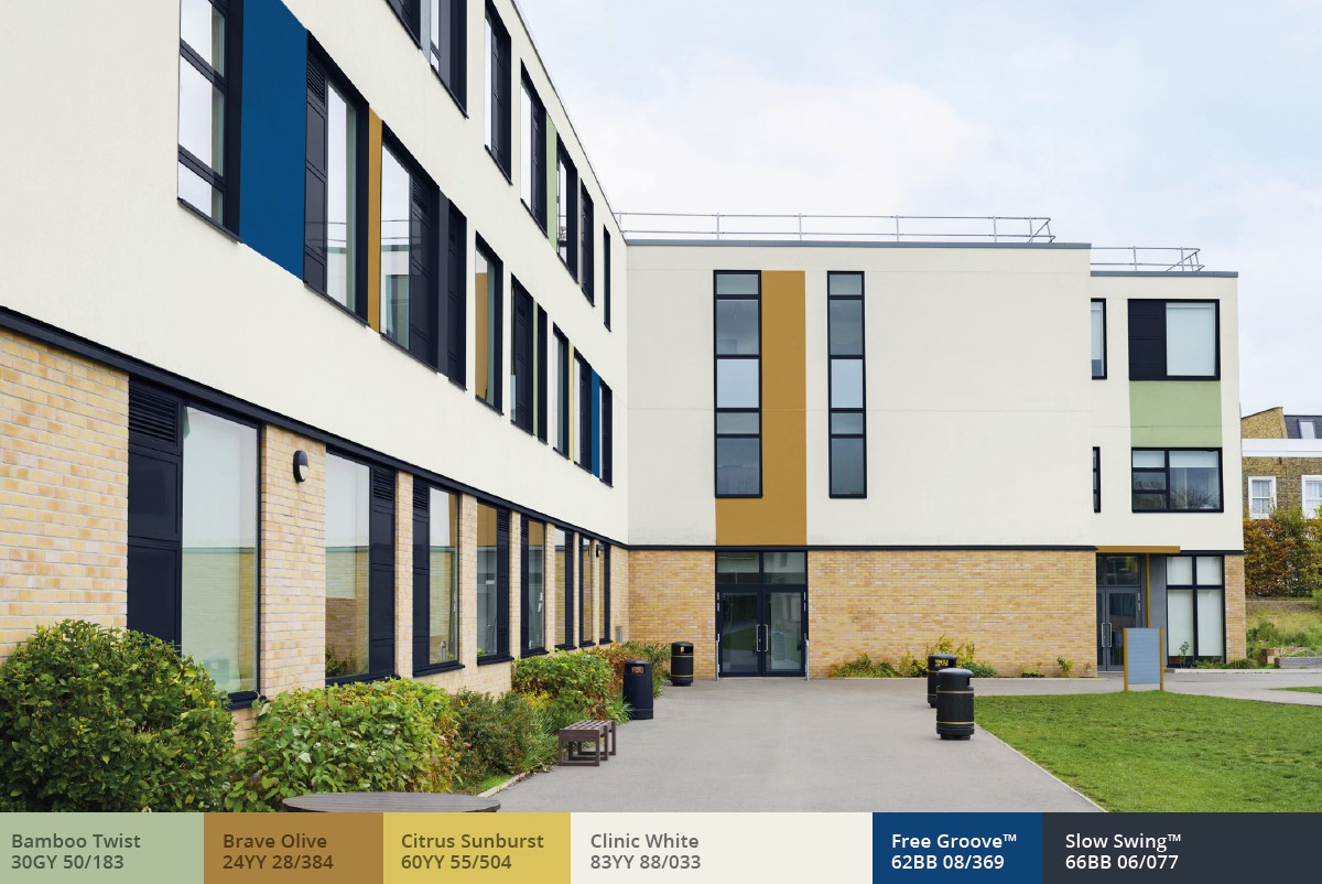 School exterior with blocks of colour on neutral façade